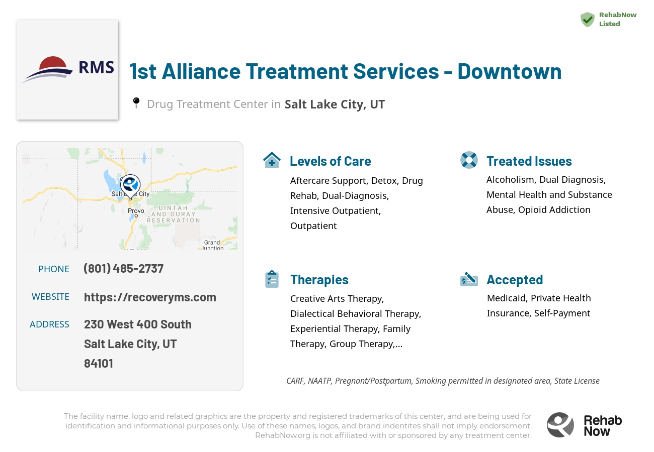 Helpful reference information for 1st Alliance Treatment Services - Downtown, a drug treatment center in Utah located at: 230 230 West 400 South, Salt Lake City, UT 84101, including phone numbers, official website, and more. Listed briefly is an overview of Levels of Care, Therapies Offered, Issues Treated, and accepted forms of Payment Methods.