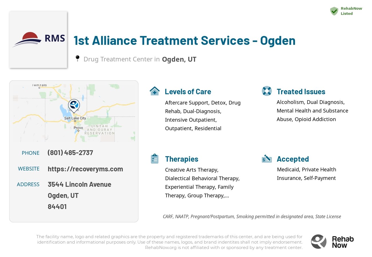 Helpful reference information for 1st Alliance Treatment Services - Ogden, a drug treatment center in Utah located at: 3544 3544 Lincoln Avenue, Ogden, UT 84401, including phone numbers, official website, and more. Listed briefly is an overview of Levels of Care, Therapies Offered, Issues Treated, and accepted forms of Payment Methods.