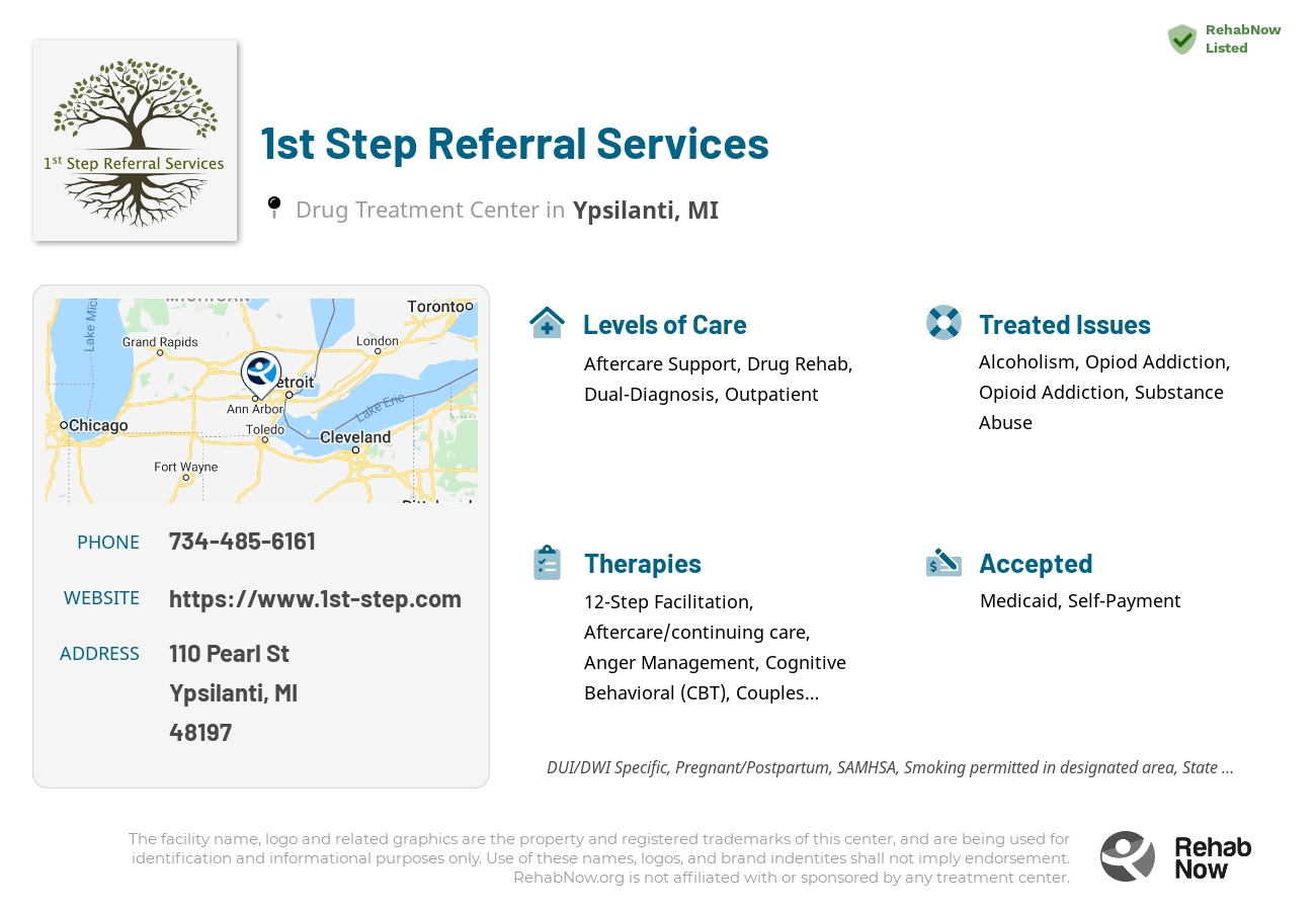 Helpful reference information for 1st Step Referral Services, a drug treatment center in Michigan located at: 110 Pearl St, Ypsilanti, MI 48197, including phone numbers, official website, and more. Listed briefly is an overview of Levels of Care, Therapies Offered, Issues Treated, and accepted forms of Payment Methods.