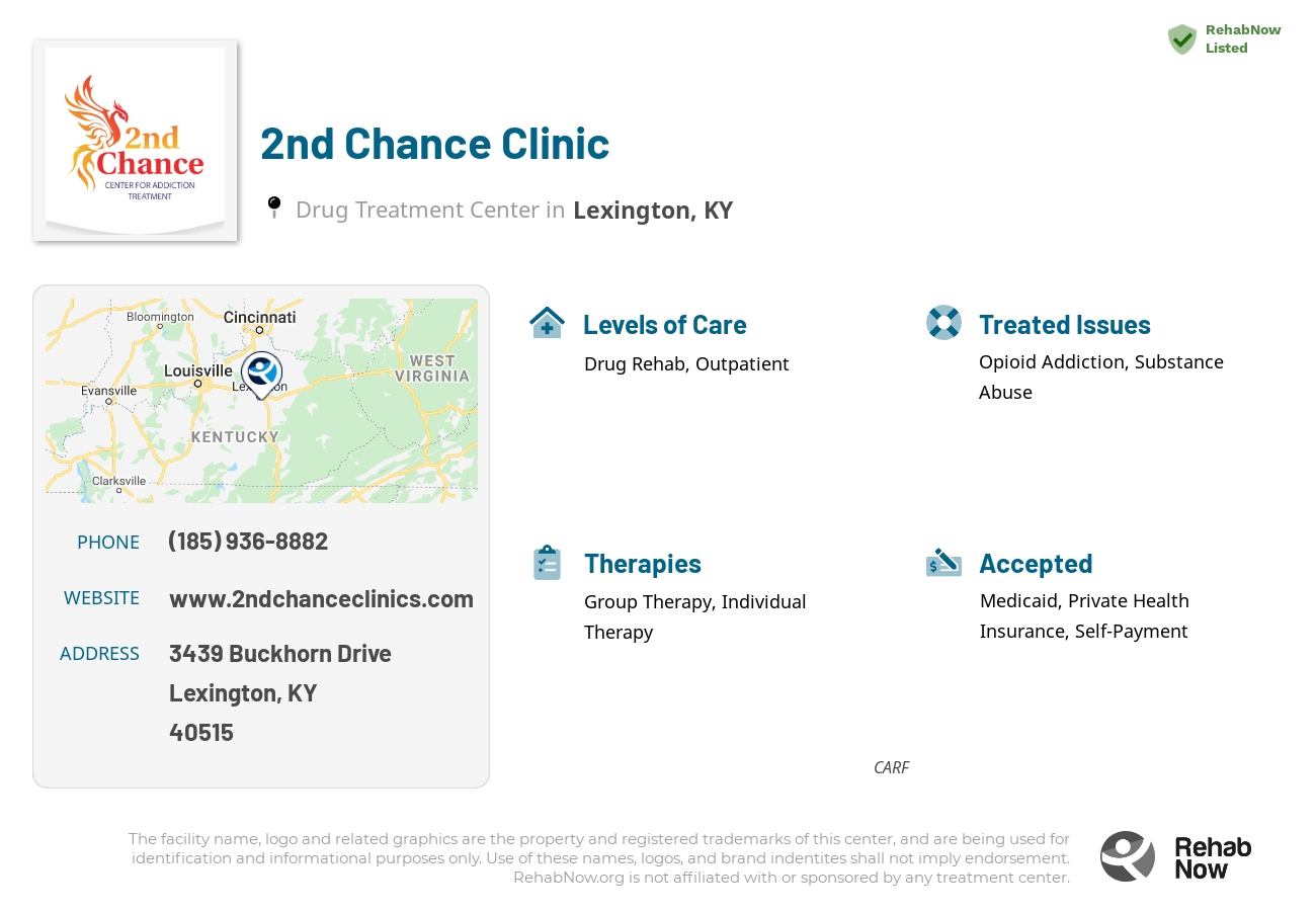 Helpful reference information for 2nd Chance Clinic, a drug treatment center in Kentucky located at: 3439 Buckhorn Drive, Lexington, KY, 40515, including phone numbers, official website, and more. Listed briefly is an overview of Levels of Care, Therapies Offered, Issues Treated, and accepted forms of Payment Methods.