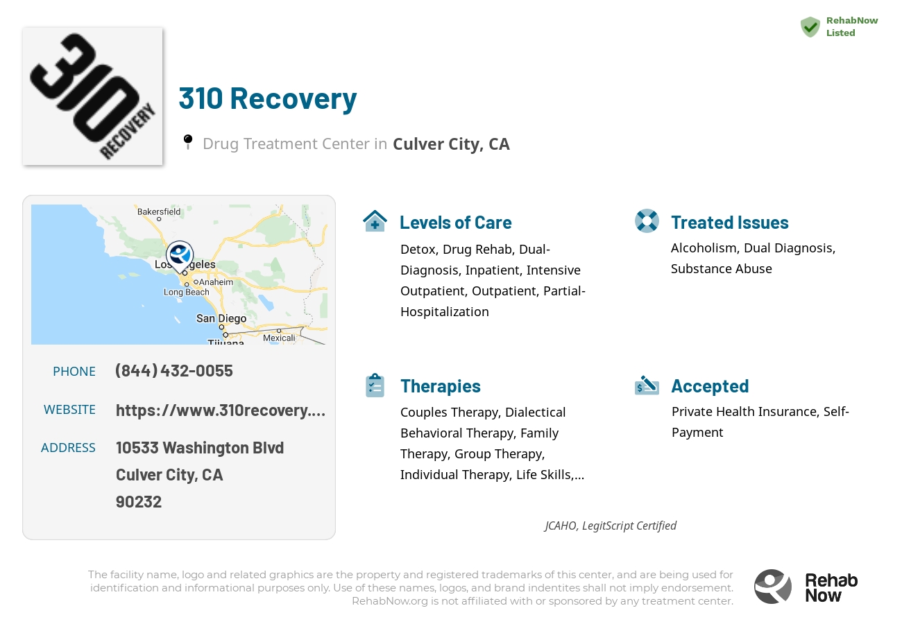Helpful reference information for 310 Recovery, a drug treatment center in California located at: 10533 Washington Blvd, Culver City, CA 90232, including phone numbers, official website, and more. Listed briefly is an overview of Levels of Care, Therapies Offered, Issues Treated, and accepted forms of Payment Methods.
