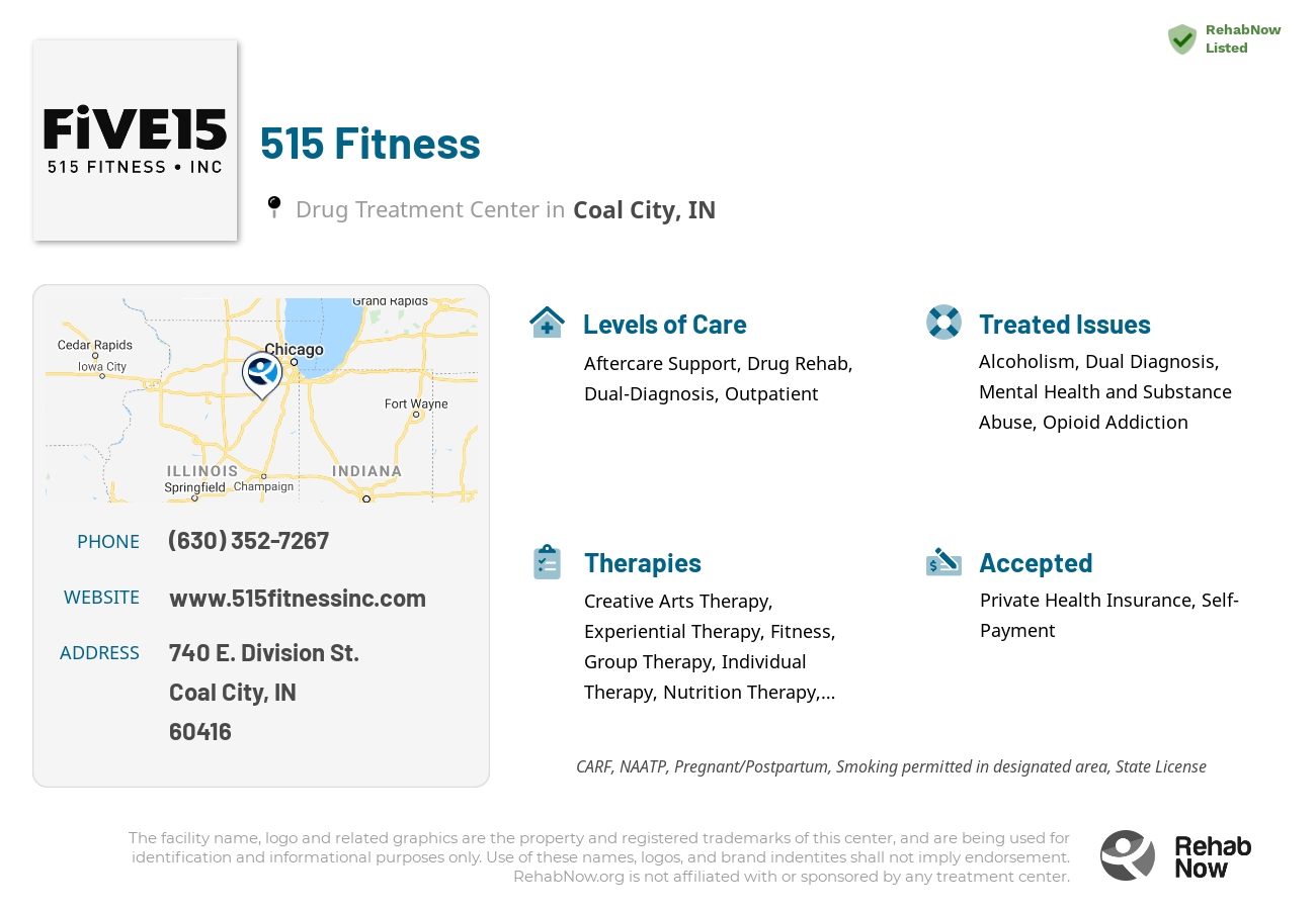 Helpful reference information for 515 Fitness, a drug treatment center in Indiana located at: 740 E. Division St., Coal City, IN, 60416, including phone numbers, official website, and more. Listed briefly is an overview of Levels of Care, Therapies Offered, Issues Treated, and accepted forms of Payment Methods.