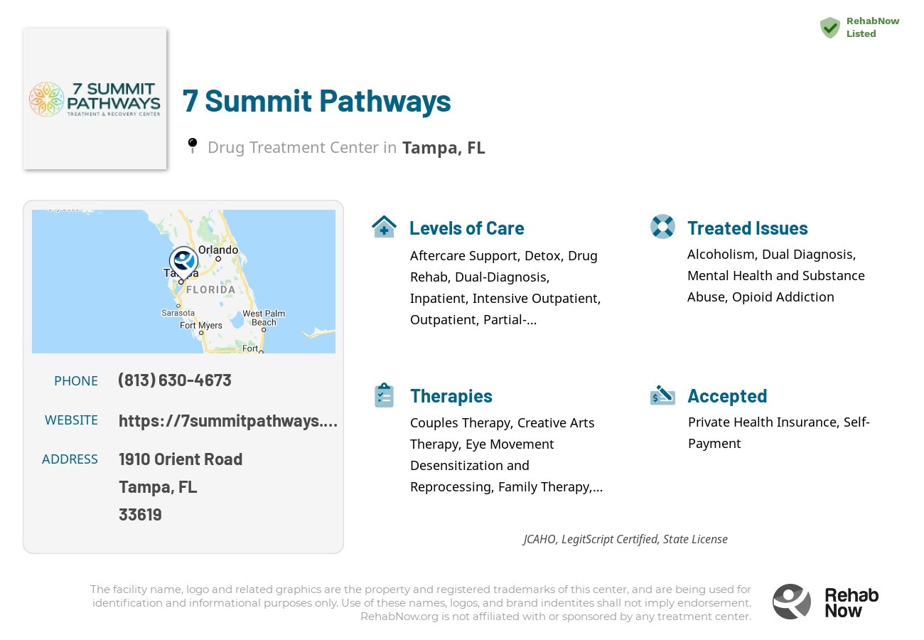 Helpful reference information for 7 Summit Pathways, a drug treatment center in Florida located at: 1910 Orient Road, Tampa, FL, 33619, including phone numbers, official website, and more. Listed briefly is an overview of Levels of Care, Therapies Offered, Issues Treated, and accepted forms of Payment Methods.