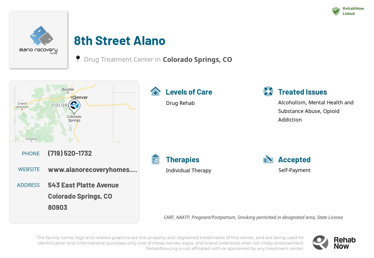 Helpful reference information for 8th Street Alano, a drug treatment center in Colorado located at: 543 East Platte Avenue, Colorado Springs, CO, 80903, including phone numbers, official website, and more. Listed briefly is an overview of Levels of Care, Therapies Offered, Issues Treated, and accepted forms of Payment Methods.