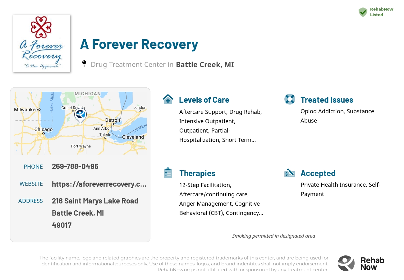 Helpful reference information for A Forever Recovery, a drug treatment center in Michigan located at: 216 Saint Marys Lake Road, Battle Creek, MI 49017, including phone numbers, official website, and more. Listed briefly is an overview of Levels of Care, Therapies Offered, Issues Treated, and accepted forms of Payment Methods.