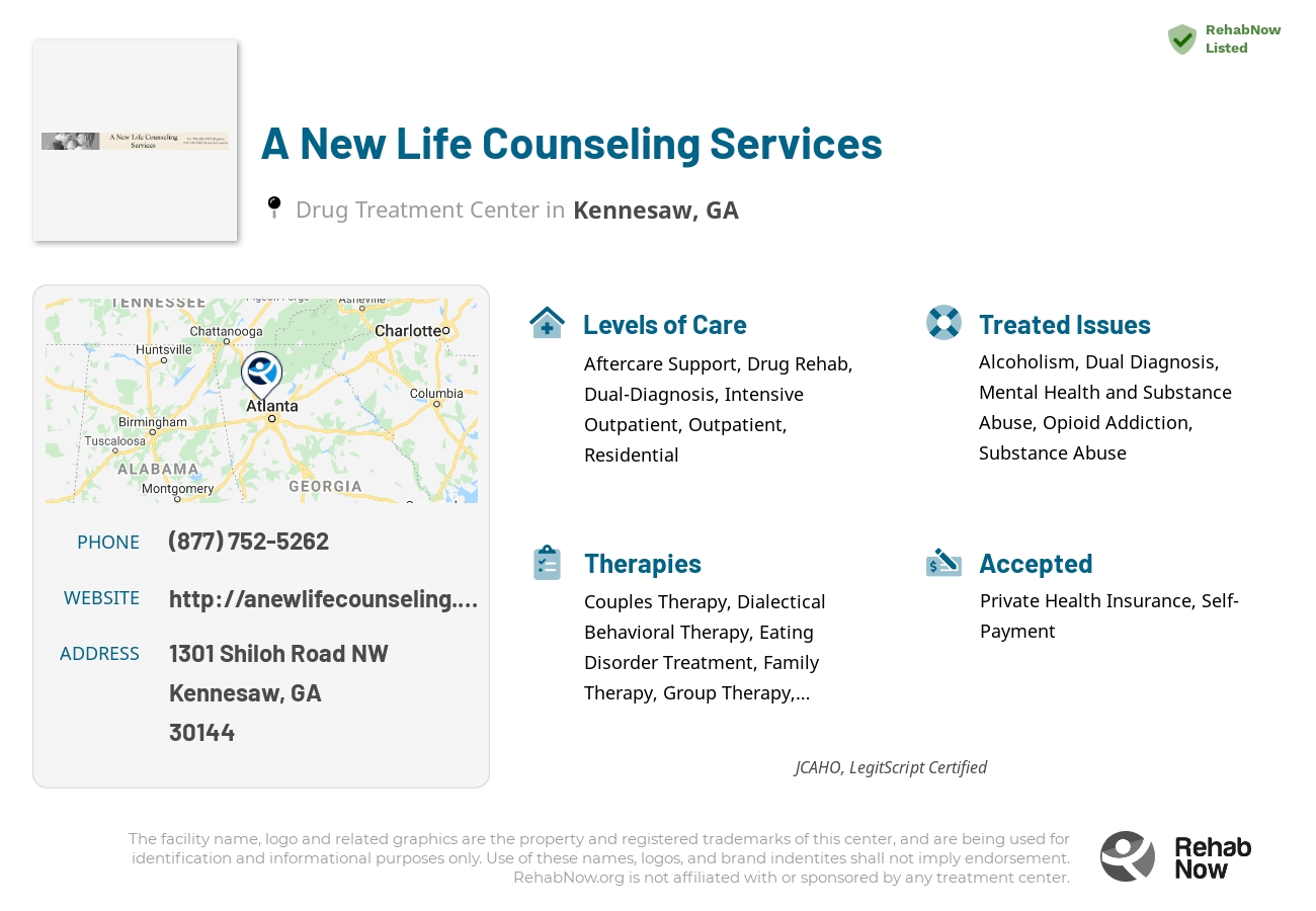 Helpful reference information for A New Life Counseling Services, a drug treatment center in Georgia located at: 1301 1301 Shiloh Road NW, Kennesaw, GA 30144, including phone numbers, official website, and more. Listed briefly is an overview of Levels of Care, Therapies Offered, Issues Treated, and accepted forms of Payment Methods.