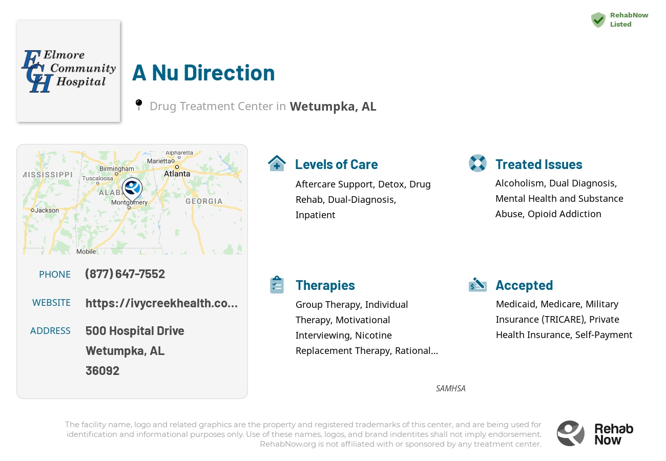 Helpful reference information for A Nu Direction, a drug treatment center in Alabama located at: 500 Hospital Drive, Wetumpka, AL, 36092, including phone numbers, official website, and more. Listed briefly is an overview of Levels of Care, Therapies Offered, Issues Treated, and accepted forms of Payment Methods.