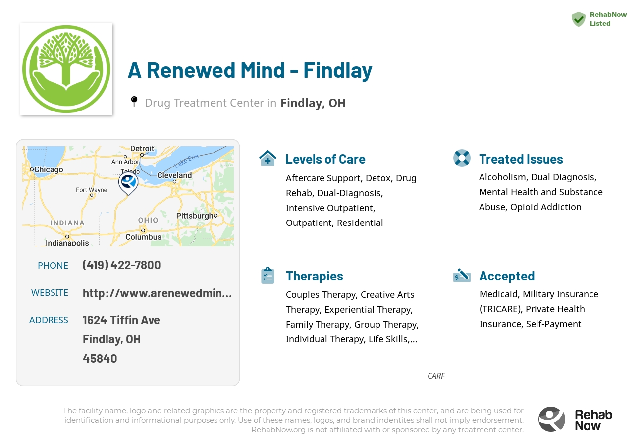 Helpful reference information for A Renewed Mind - Findlay, a drug treatment center in Ohio located at: 1624 Tiffin Ave, Findlay, OH 45840, including phone numbers, official website, and more. Listed briefly is an overview of Levels of Care, Therapies Offered, Issues Treated, and accepted forms of Payment Methods.