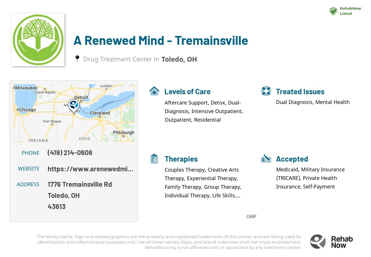 Helpful reference information for A Renewed Mind - Tremainsville, a drug treatment center in Ohio located at: 1776 Tremainsville Rd, Toledo, OH 43613, including phone numbers, official website, and more. Listed briefly is an overview of Levels of Care, Therapies Offered, Issues Treated, and accepted forms of Payment Methods.
