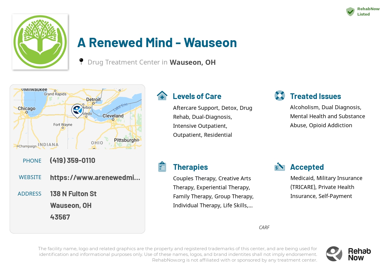 Helpful reference information for A Renewed Mind - Wauseon, a drug treatment center in Ohio located at: 138 N Fulton St, Wauseon, OH 43567, including phone numbers, official website, and more. Listed briefly is an overview of Levels of Care, Therapies Offered, Issues Treated, and accepted forms of Payment Methods.