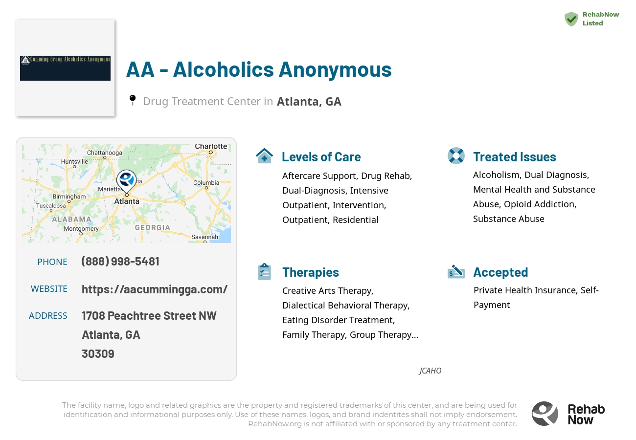 Helpful reference information for AA - Alcoholics Anonymous, a drug treatment center in Georgia located at: 1708 1708 Peachtree Street NW, Atlanta, GA 30309, including phone numbers, official website, and more. Listed briefly is an overview of Levels of Care, Therapies Offered, Issues Treated, and accepted forms of Payment Methods.