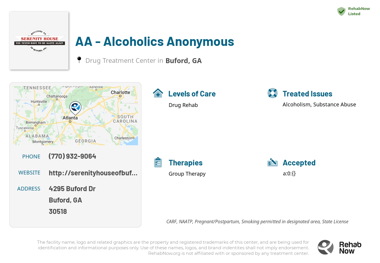 Helpful reference information for AA - Alcoholics Anonymous, a drug treatment center in Georgia located at: 4295 4295 Buford Dr, Buford, GA 30518, including phone numbers, official website, and more. Listed briefly is an overview of Levels of Care, Therapies Offered, Issues Treated, and accepted forms of Payment Methods.