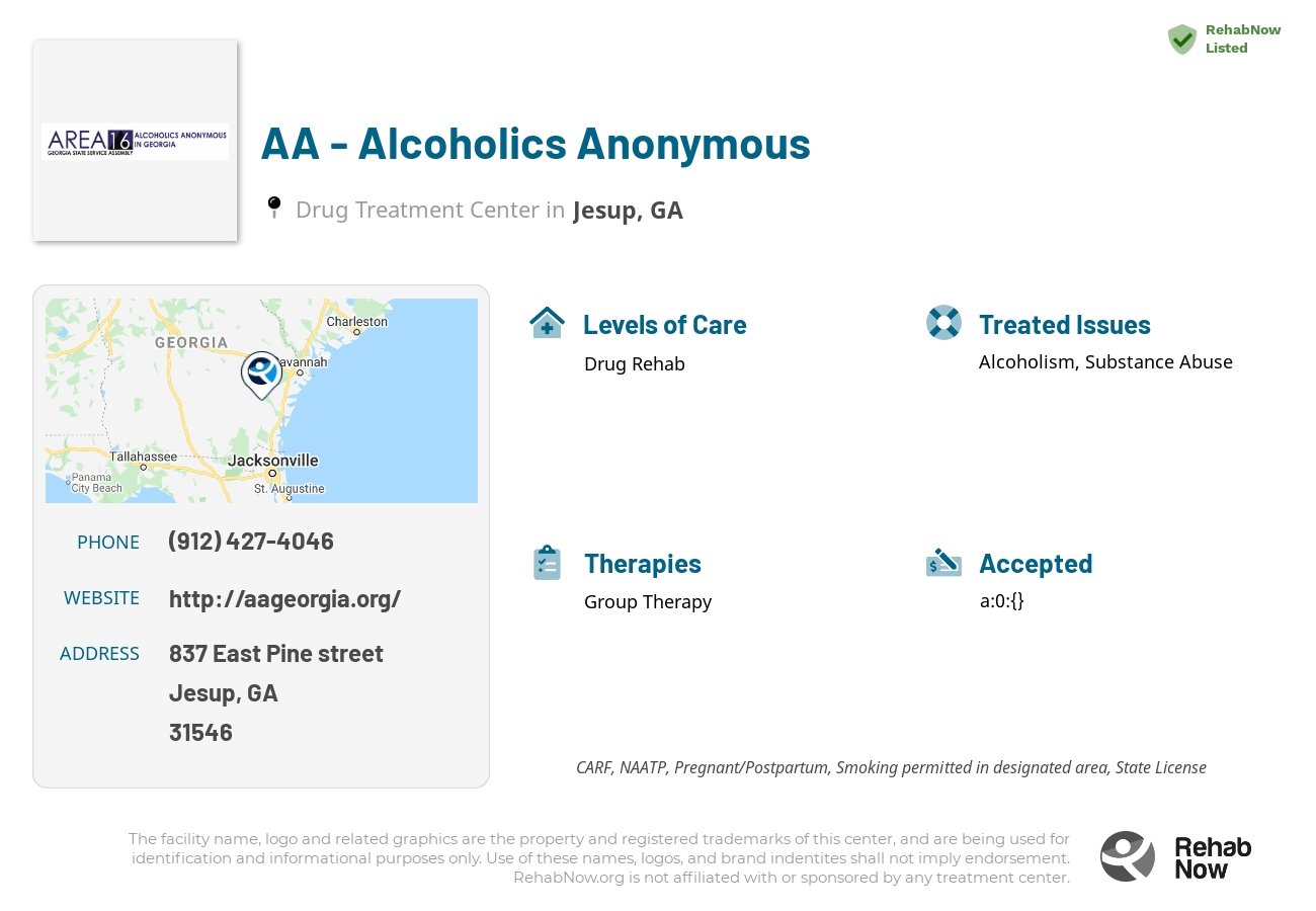 Helpful reference information for AA - Alcoholics Anonymous, a drug treatment center in Georgia located at: 837 837 East Pine street, Jesup, GA 31546, including phone numbers, official website, and more. Listed briefly is an overview of Levels of Care, Therapies Offered, Issues Treated, and accepted forms of Payment Methods.