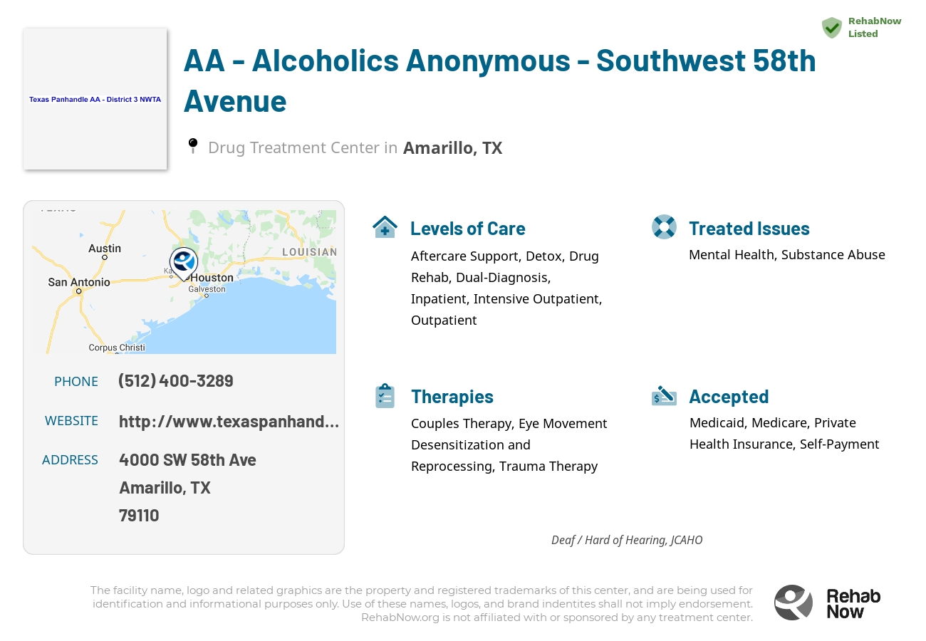 Helpful reference information for AA - Alcoholics Anonymous - Southwest 58th Avenue, a drug treatment center in Texas located at: 12301 Main street Houston TX, 77035, including phone numbers, official website, and more. Listed briefly is an overview of Levels of Care, Therapies Offered, Issues Treated, and accepted forms of Payment Methods.