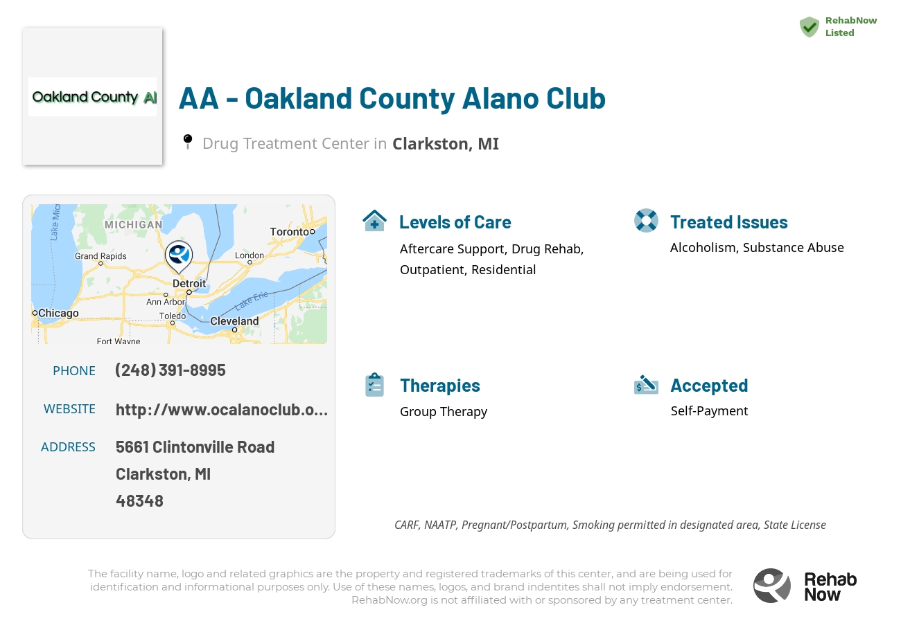 Helpful reference information for AA - Oakland County Alano Club, a drug treatment center in Michigan located at: 5661 5661 Clintonville Road, Clarkston, MI 48348, including phone numbers, official website, and more. Listed briefly is an overview of Levels of Care, Therapies Offered, Issues Treated, and accepted forms of Payment Methods.