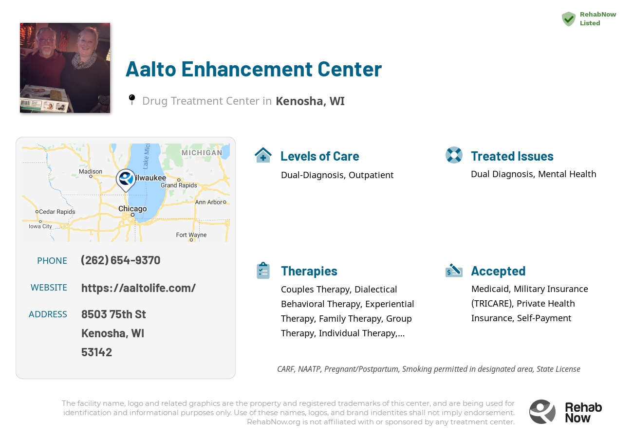 Helpful reference information for Aalto Enhancement Center, a drug treatment center in Wisconsin located at: 8503 75th St, Kenosha, WI 53142, including phone numbers, official website, and more. Listed briefly is an overview of Levels of Care, Therapies Offered, Issues Treated, and accepted forms of Payment Methods.