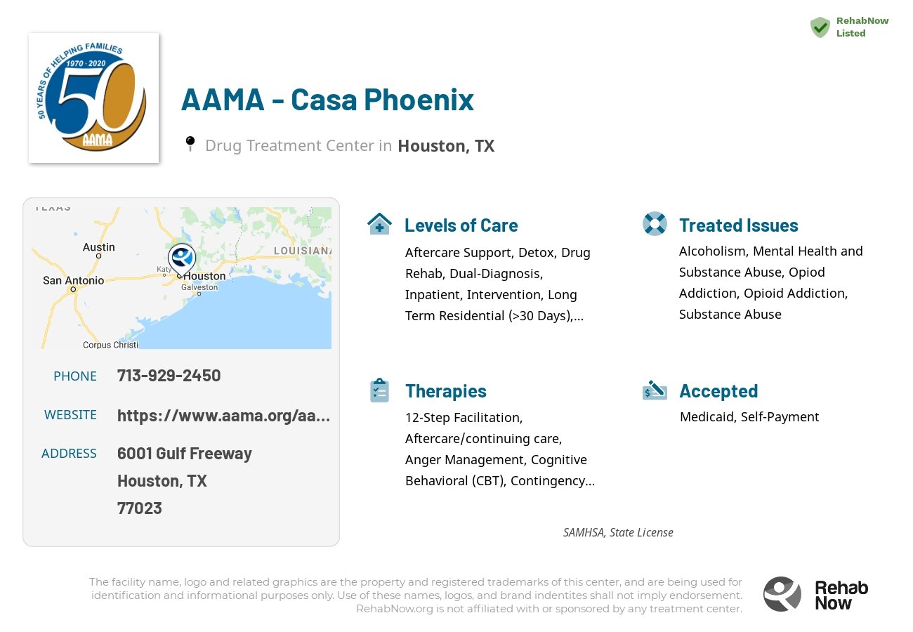 Helpful reference information for AAMA - Casa Phoenix, a drug treatment center in Texas located at: 6001 Gulf Freeway, Houston, TX, 77023, including phone numbers, official website, and more. Listed briefly is an overview of Levels of Care, Therapies Offered, Issues Treated, and accepted forms of Payment Methods.