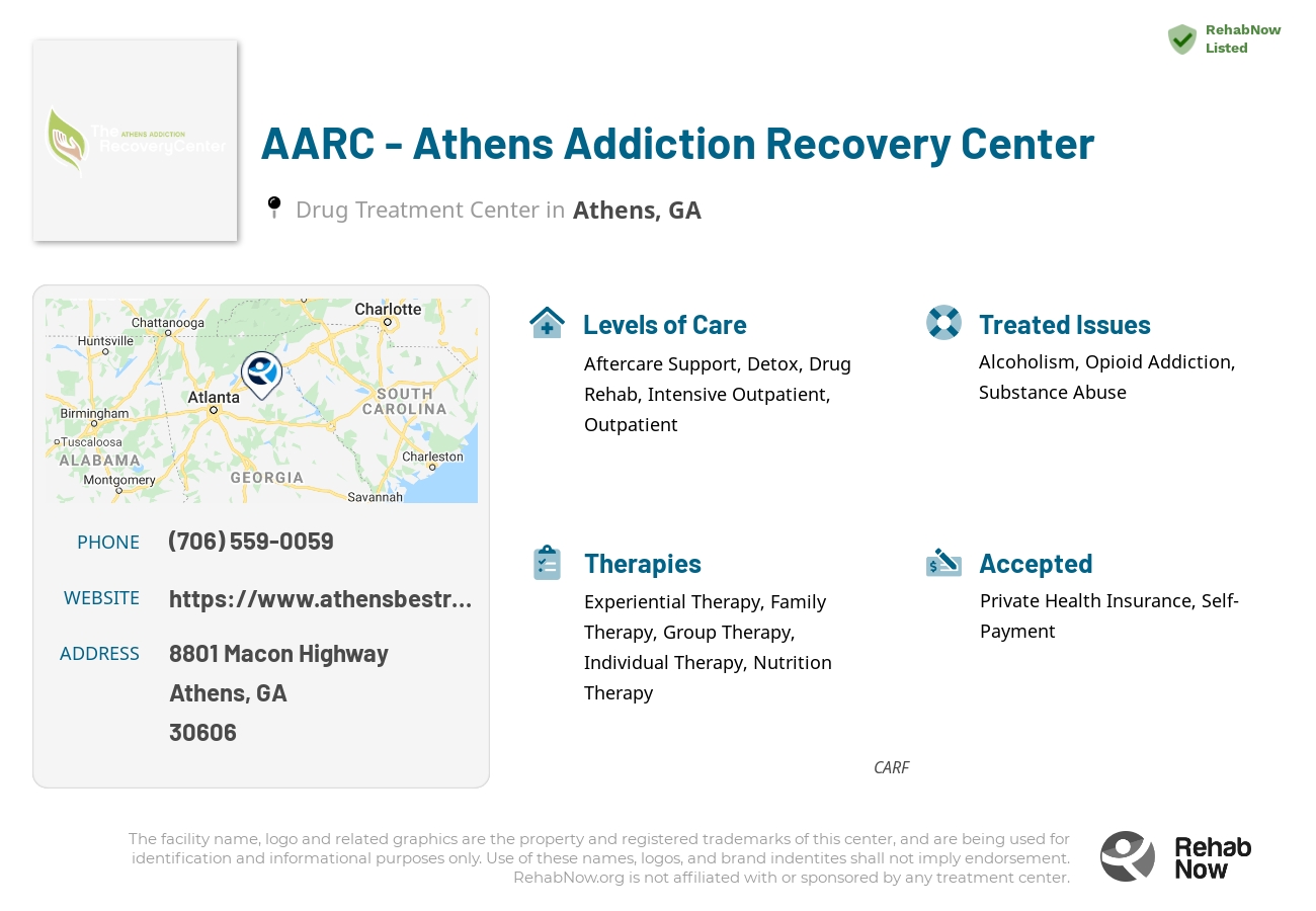 Helpful reference information for AARC - Athens Addiction Recovery Center, a drug treatment center in Georgia located at: 8801 8801 Macon Highway, Athens, GA 30606, including phone numbers, official website, and more. Listed briefly is an overview of Levels of Care, Therapies Offered, Issues Treated, and accepted forms of Payment Methods.
