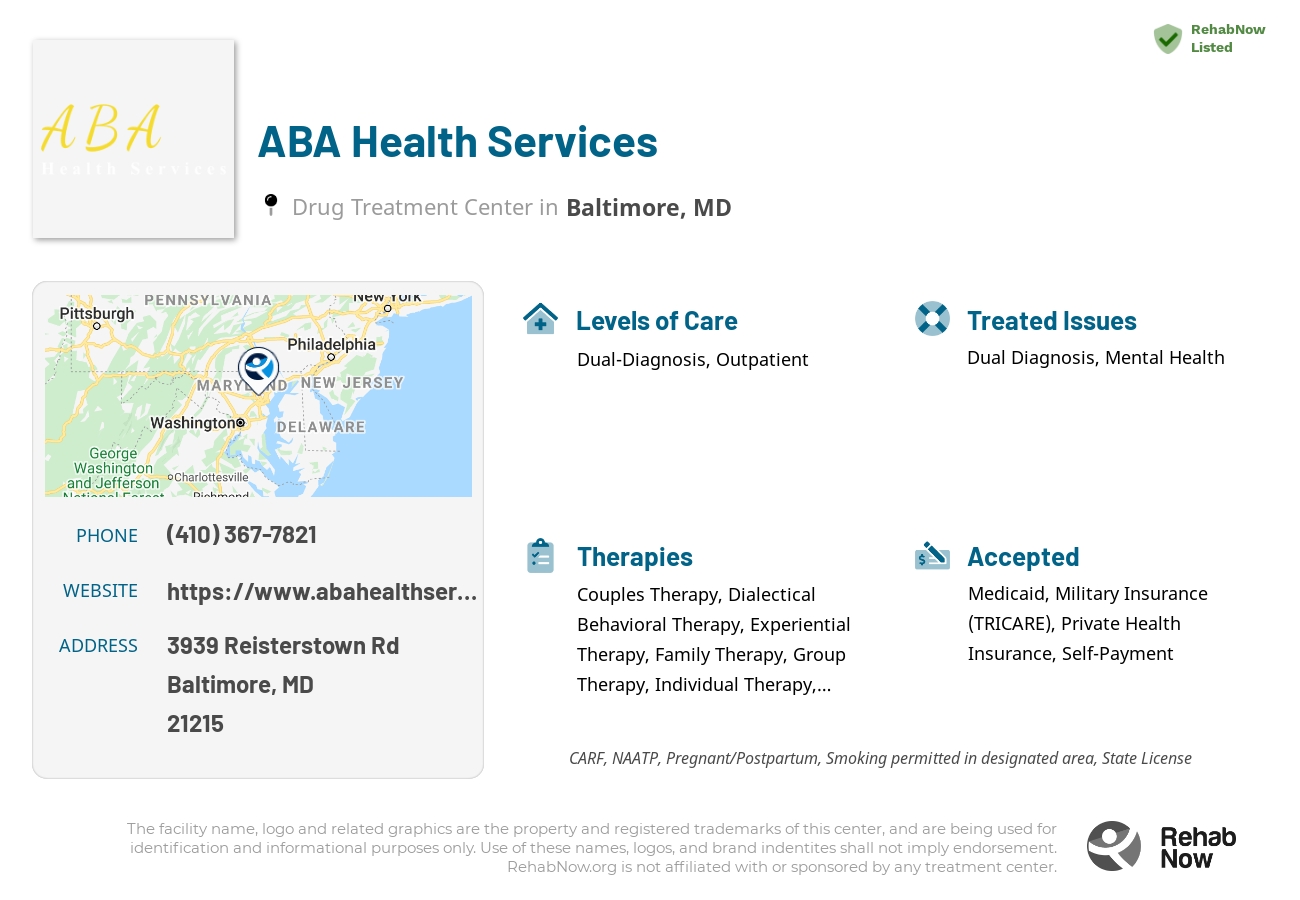 Helpful reference information for ABA Health Services, a drug treatment center in Maryland located at: 3939 Reisterstown Rd, Baltimore, MD 21215, including phone numbers, official website, and more. Listed briefly is an overview of Levels of Care, Therapies Offered, Issues Treated, and accepted forms of Payment Methods.