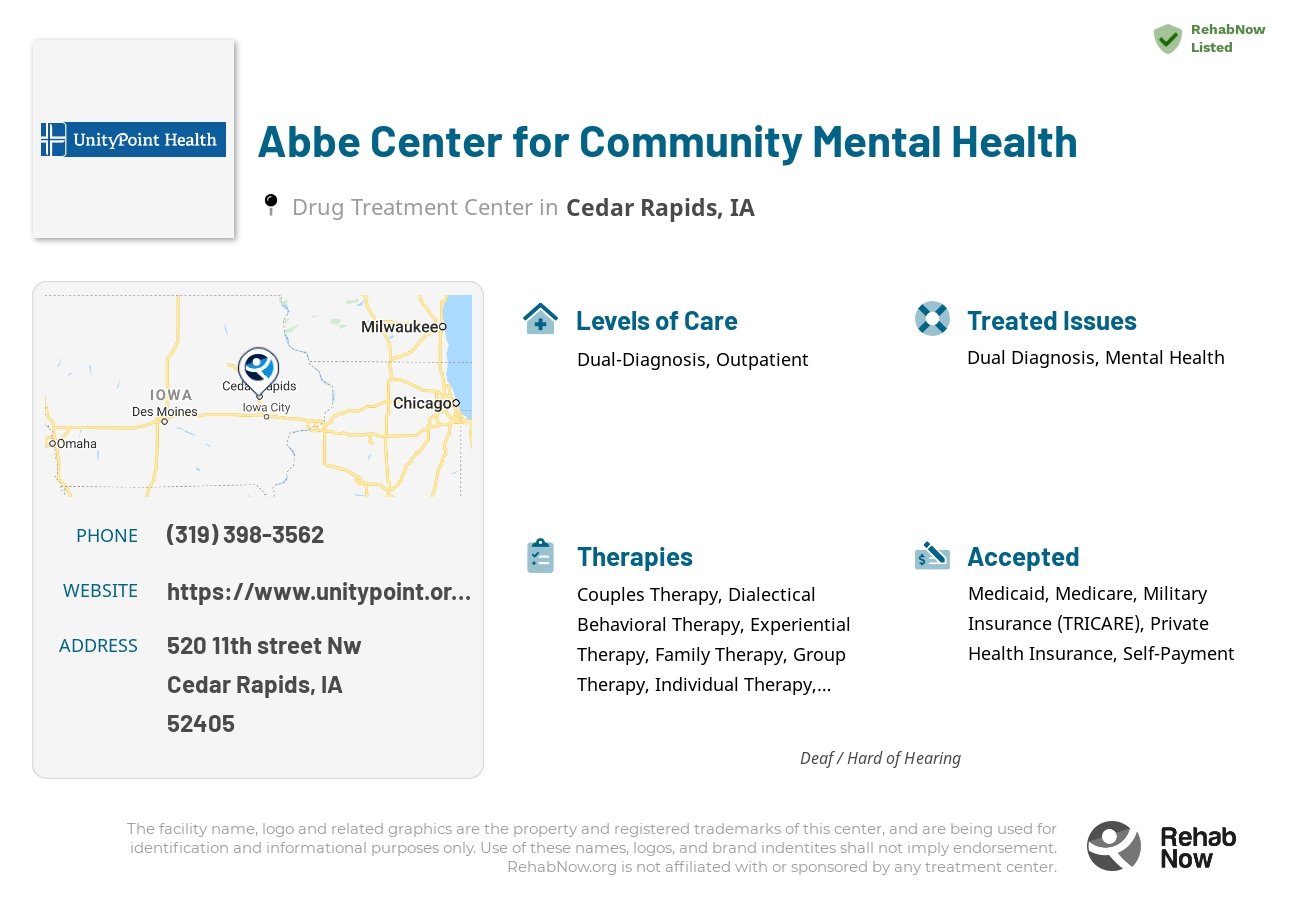 Helpful reference information for Abbe Center for Community Mental Health, a drug treatment center in Iowa located at: 520 11th street Nw, Cedar Rapids, IA, 52405, including phone numbers, official website, and more. Listed briefly is an overview of Levels of Care, Therapies Offered, Issues Treated, and accepted forms of Payment Methods.