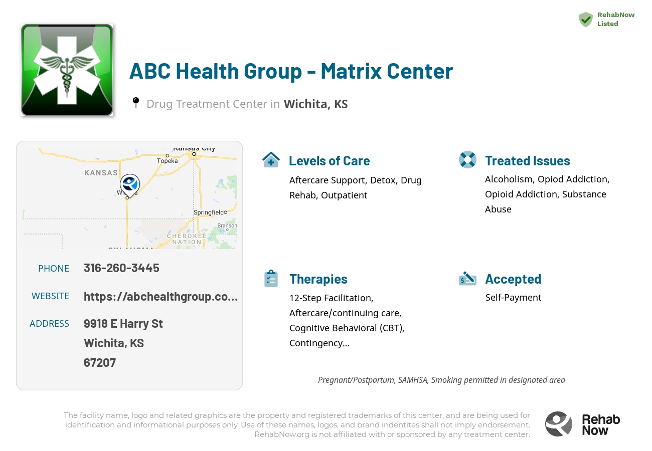 Helpful reference information for ABC Health Group - Matrix Center, a drug treatment center in Kansas located at: 9918 E Harry St, Wichita, KS 67207, including phone numbers, official website, and more. Listed briefly is an overview of Levels of Care, Therapies Offered, Issues Treated, and accepted forms of Payment Methods.
