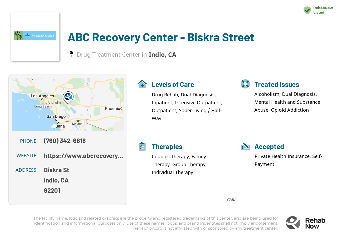Helpful reference information for ABC Recovery Center - Biskra Street, a drug treatment center in California located at: Biskra St, Indio, CA 92201, including phone numbers, official website, and more. Listed briefly is an overview of Levels of Care, Therapies Offered, Issues Treated, and accepted forms of Payment Methods.