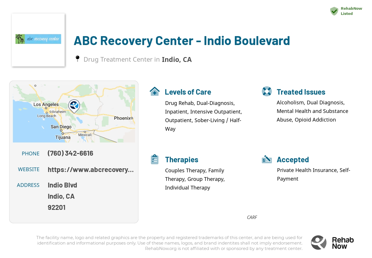 Helpful reference information for ABC Recovery Center - Indio Boulevard, a drug treatment center in California located at: Indio Blvd, Indio, CA 92201, including phone numbers, official website, and more. Listed briefly is an overview of Levels of Care, Therapies Offered, Issues Treated, and accepted forms of Payment Methods.