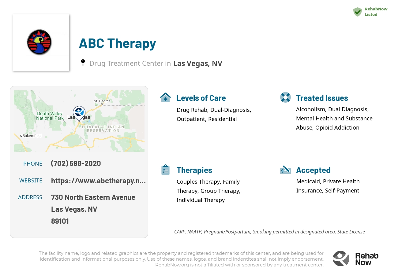Helpful reference information for ABC Therapy, a drug treatment center in Nevada located at: 730 730 North Eastern Avenue, Las Vegas, NV 89101, including phone numbers, official website, and more. Listed briefly is an overview of Levels of Care, Therapies Offered, Issues Treated, and accepted forms of Payment Methods.