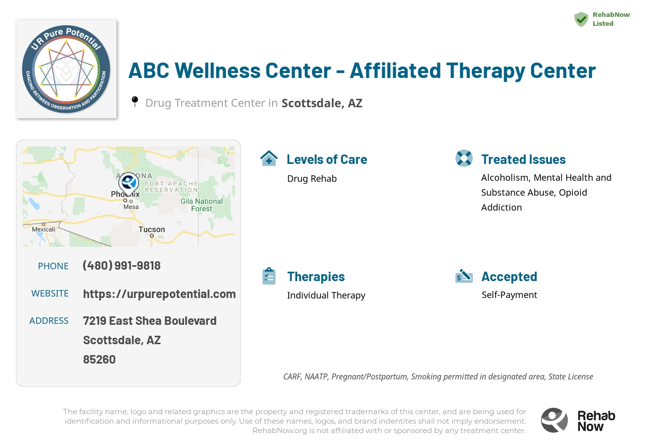 Helpful reference information for ABC Wellness Center - Affiliated Therapy Center, a drug treatment center in Arizona located at: 7219 East Shea Boulevard, Scottsdale, AZ, 85260, including phone numbers, official website, and more. Listed briefly is an overview of Levels of Care, Therapies Offered, Issues Treated, and accepted forms of Payment Methods.