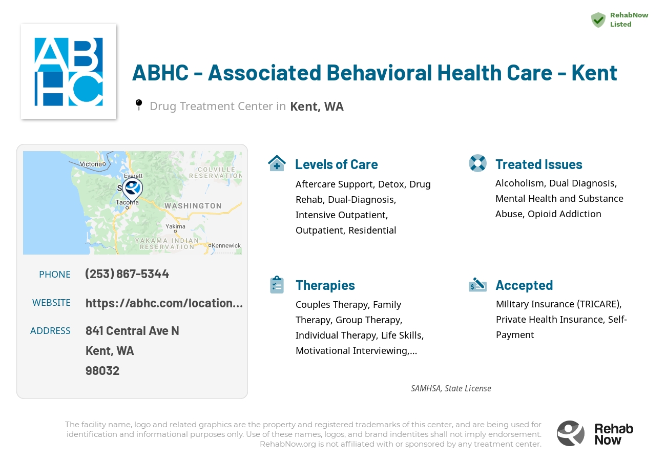 Helpful reference information for ABHC - Associated Behavioral Health Care - Kent, a drug treatment center in Washington located at: 841 Central Ave N, Kent, WA 98032, including phone numbers, official website, and more. Listed briefly is an overview of Levels of Care, Therapies Offered, Issues Treated, and accepted forms of Payment Methods.