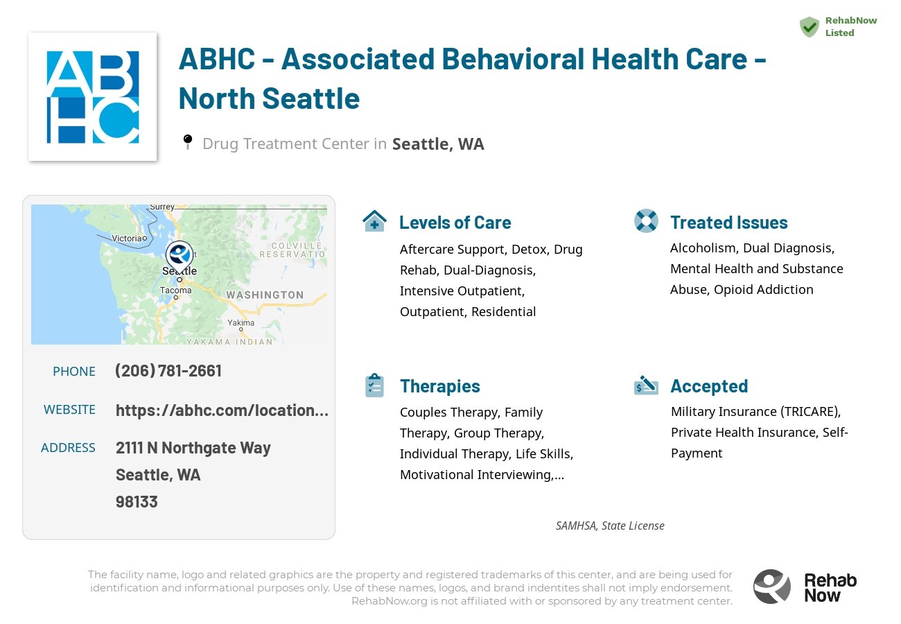 Helpful reference information for ABHC - Associated Behavioral Health Care - North Seattle, a drug treatment center in Washington located at: 2111 N Northgate Way, Seattle, WA 98133, including phone numbers, official website, and more. Listed briefly is an overview of Levels of Care, Therapies Offered, Issues Treated, and accepted forms of Payment Methods.