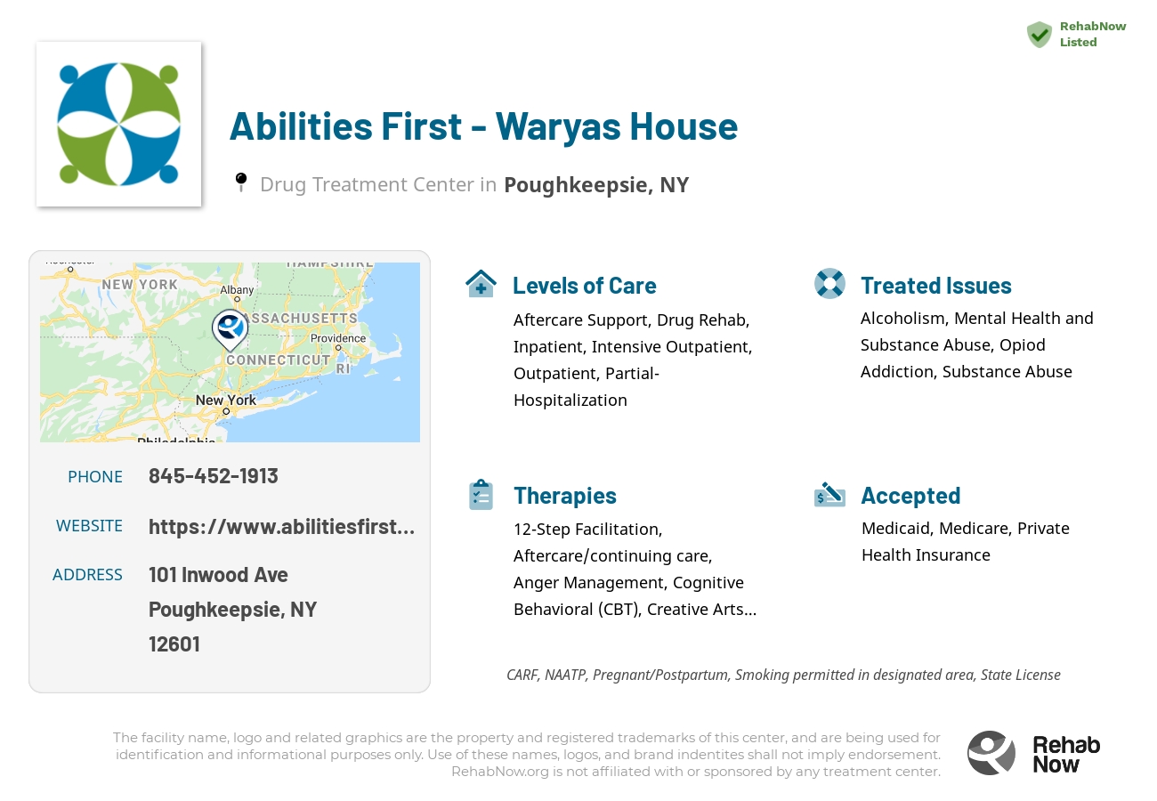 Helpful reference information for Abilities First - Waryas House, a drug treatment center in New York located at: 101 Inwood Ave, Poughkeepsie, NY 12601, including phone numbers, official website, and more. Listed briefly is an overview of Levels of Care, Therapies Offered, Issues Treated, and accepted forms of Payment Methods.
