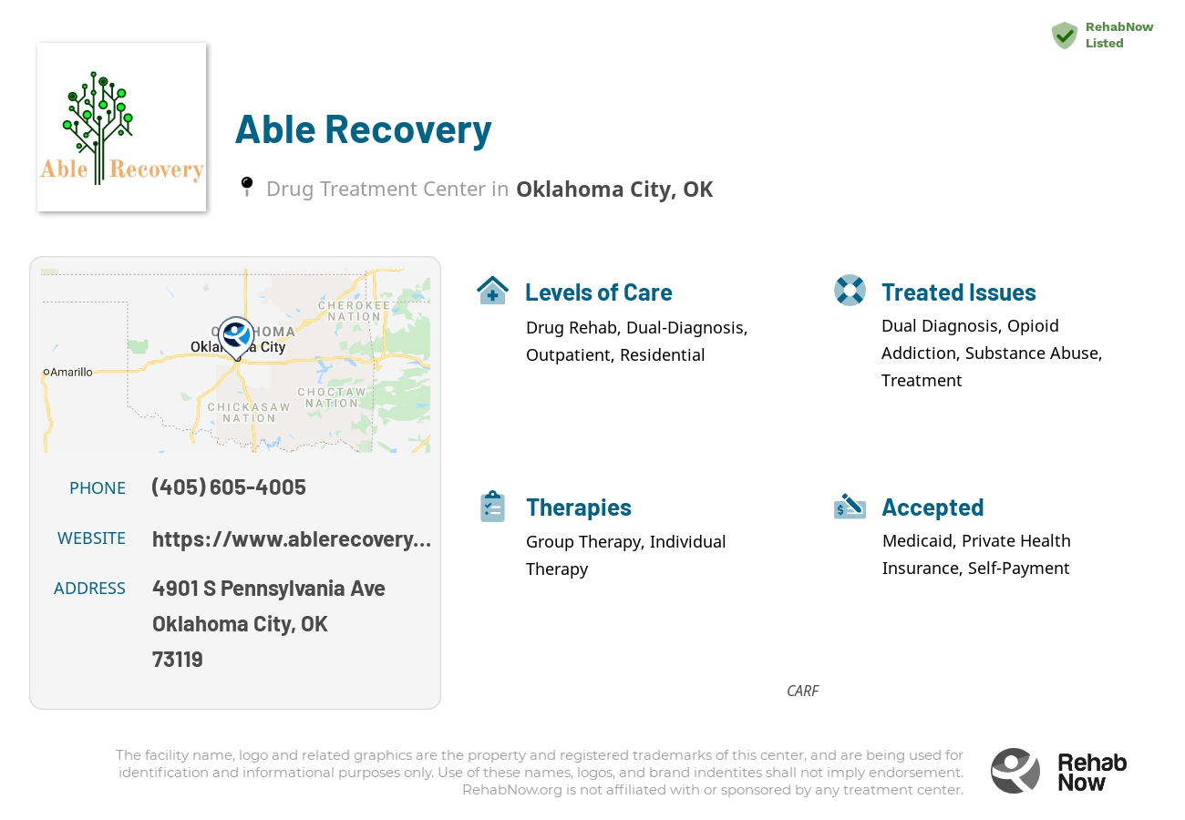 Helpful reference information for Able Recovery, a drug treatment center in Oklahoma located at: 4901 S Pennsylvania Ave, Oklahoma City, OK 73119, including phone numbers, official website, and more. Listed briefly is an overview of Levels of Care, Therapies Offered, Issues Treated, and accepted forms of Payment Methods.