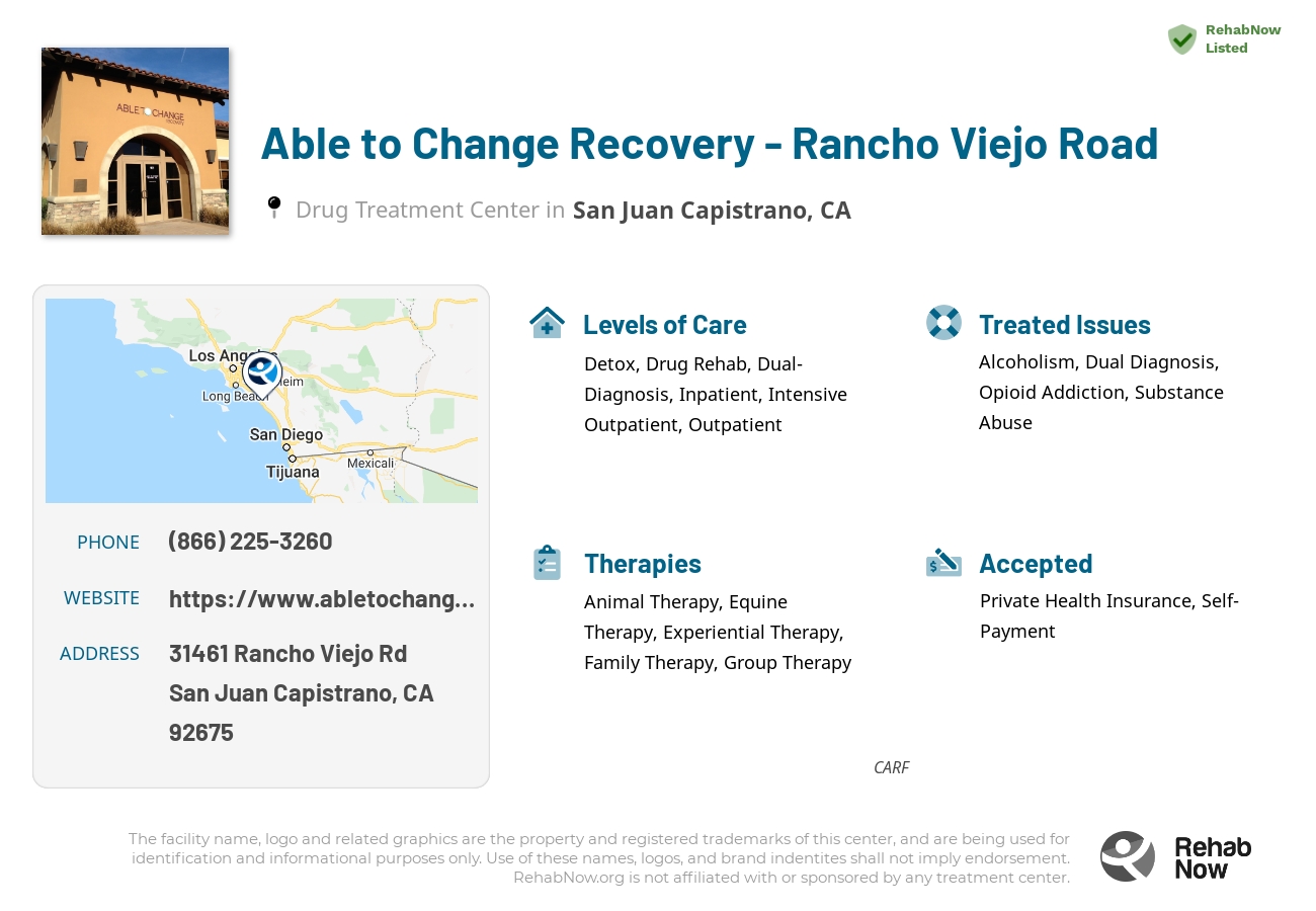 Helpful reference information for Able to Change Recovery - Rancho Viejo Road, a drug treatment center in California located at: 31461 Rancho Viejo Rd, San Juan Capistrano, CA 92675, including phone numbers, official website, and more. Listed briefly is an overview of Levels of Care, Therapies Offered, Issues Treated, and accepted forms of Payment Methods.