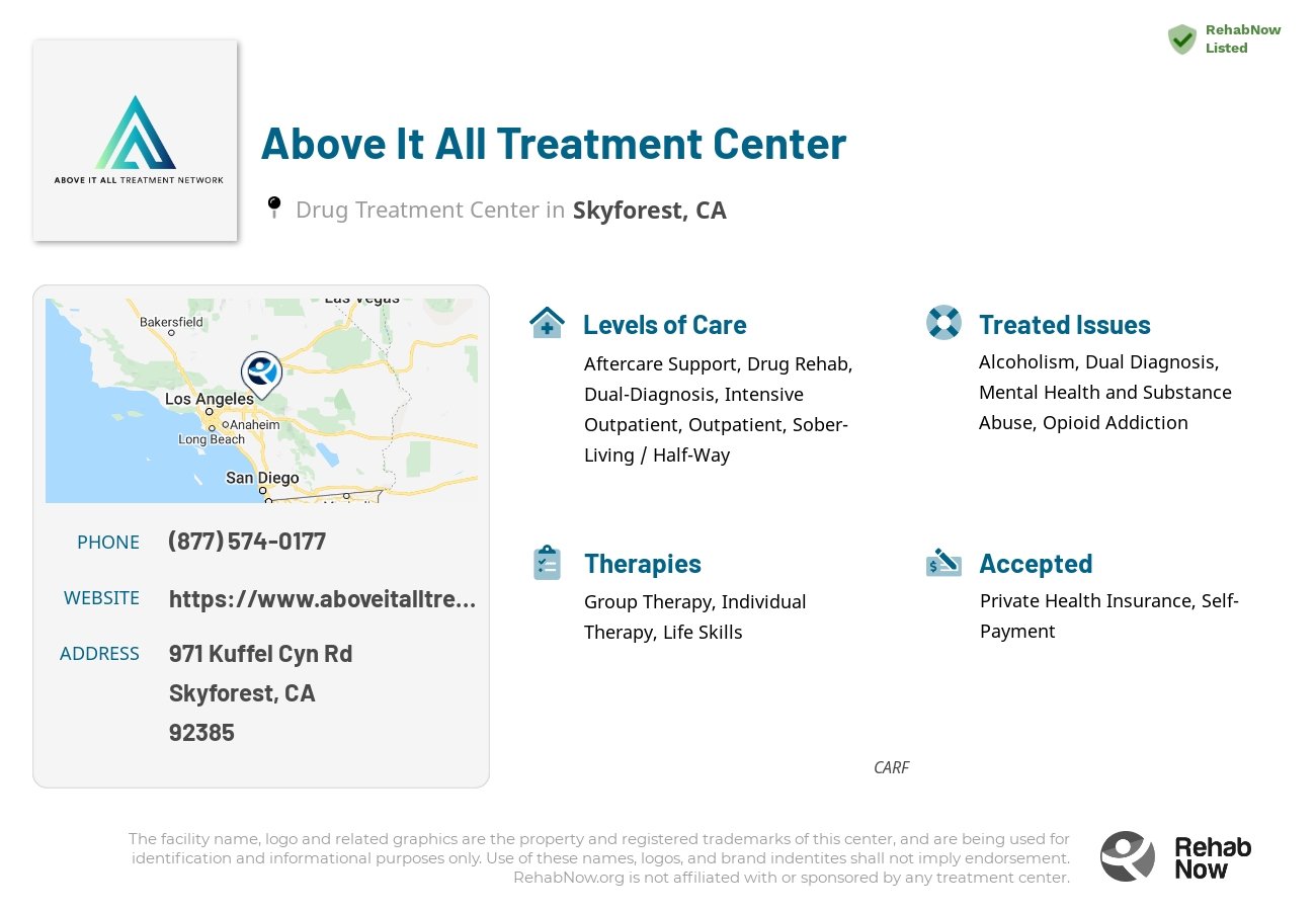 Helpful reference information for Above It All Treatment Center, a drug treatment center in California located at: 971 Kuffel Cyn Rd, Skyforest, CA 92385, including phone numbers, official website, and more. Listed briefly is an overview of Levels of Care, Therapies Offered, Issues Treated, and accepted forms of Payment Methods.