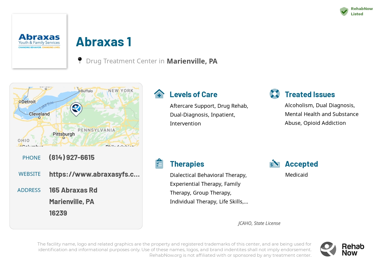 Helpful reference information for Abraxas 1, a drug treatment center in Pennsylvania located at: 165 Abraxas Rd, Marienville, PA 16239, including phone numbers, official website, and more. Listed briefly is an overview of Levels of Care, Therapies Offered, Issues Treated, and accepted forms of Payment Methods.