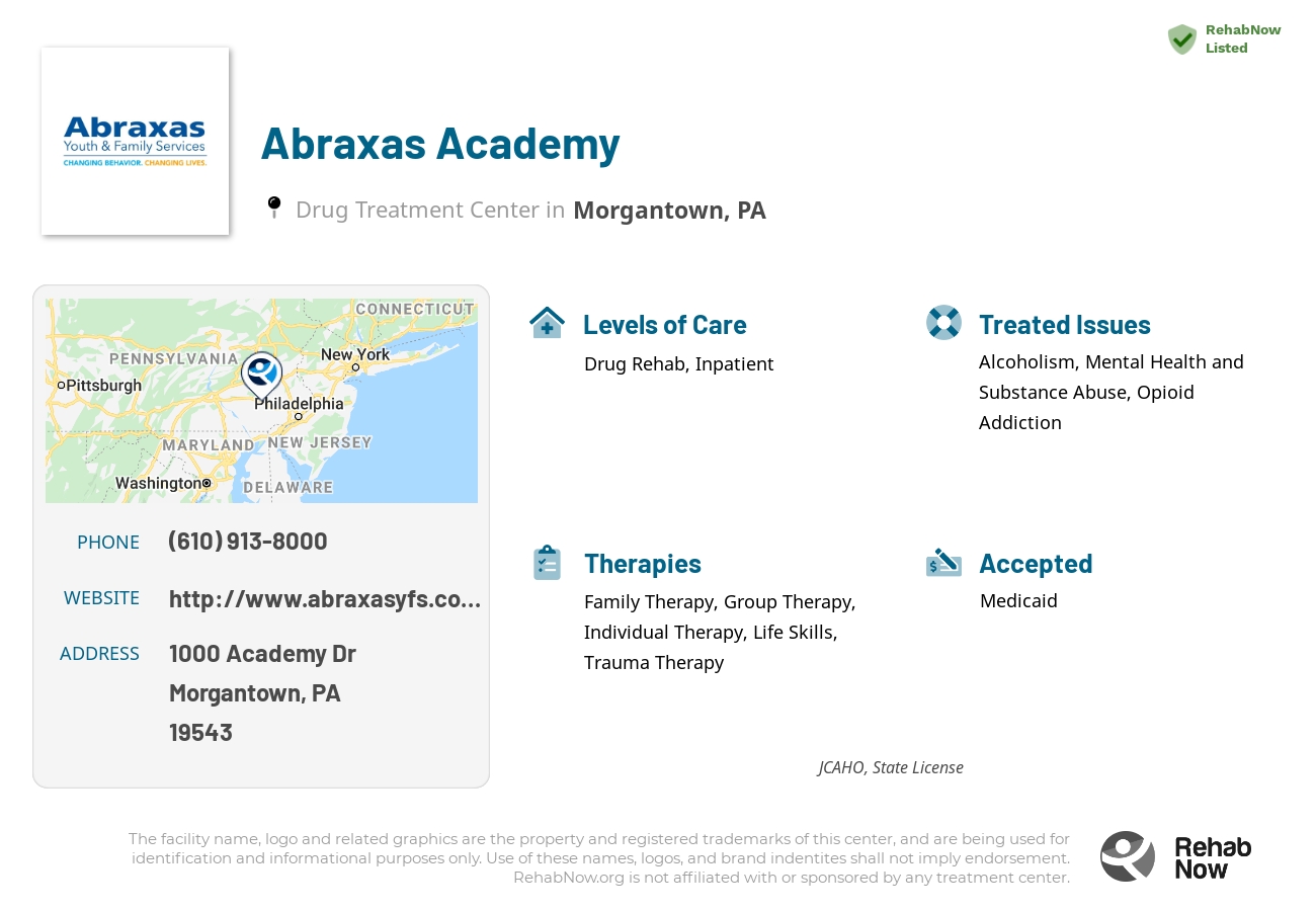 Helpful reference information for Abraxas Academy, a drug treatment center in Pennsylvania located at: 1000 Academy Dr, Morgantown, PA 19543, including phone numbers, official website, and more. Listed briefly is an overview of Levels of Care, Therapies Offered, Issues Treated, and accepted forms of Payment Methods.