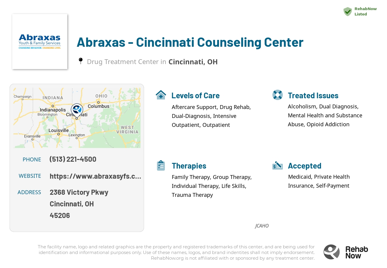 Helpful reference information for Abraxas - Cincinnati Counseling Center, a drug treatment center in Ohio located at: 2368 Victory Pkwy, Cincinnati, OH 45206, including phone numbers, official website, and more. Listed briefly is an overview of Levels of Care, Therapies Offered, Issues Treated, and accepted forms of Payment Methods.