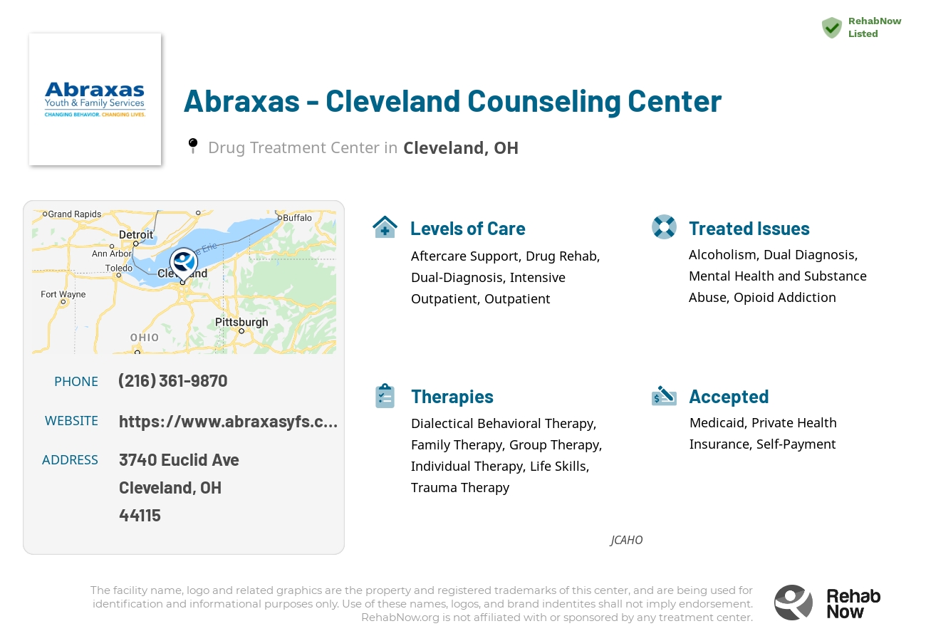 Helpful reference information for Abraxas - Cleveland Counseling Center, a drug treatment center in Ohio located at: 3740 Euclid Ave, Cleveland, OH 44115, including phone numbers, official website, and more. Listed briefly is an overview of Levels of Care, Therapies Offered, Issues Treated, and accepted forms of Payment Methods.