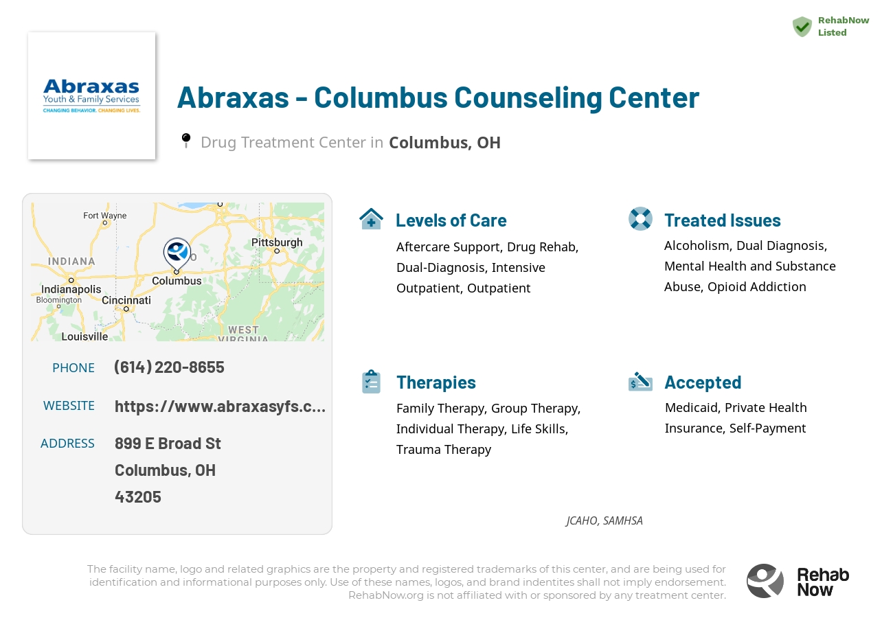 Helpful reference information for Abraxas - Columbus Counseling Center, a drug treatment center in Ohio located at: 899 E Broad St, Columbus, OH 43205, including phone numbers, official website, and more. Listed briefly is an overview of Levels of Care, Therapies Offered, Issues Treated, and accepted forms of Payment Methods.