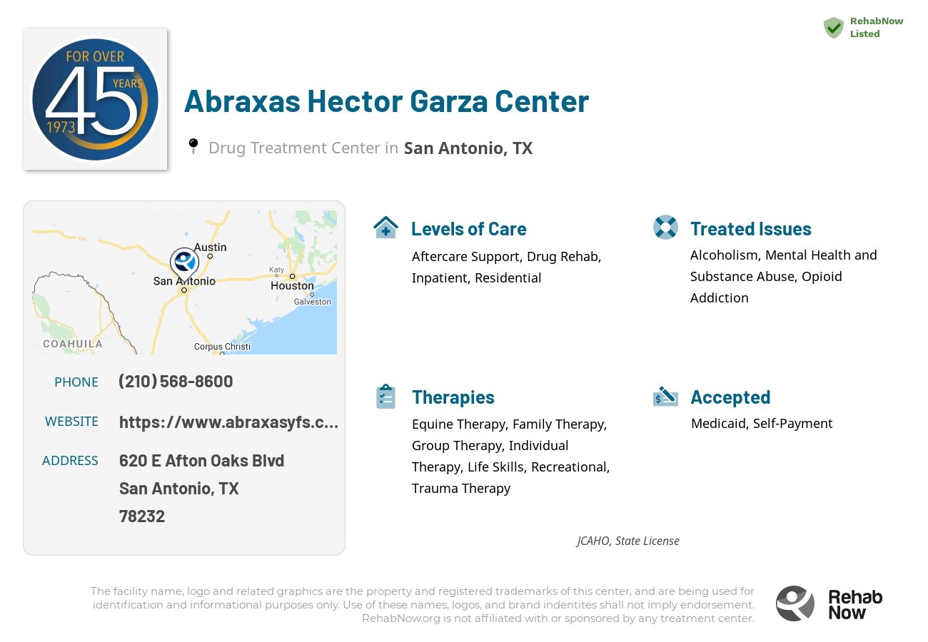 Helpful reference information for Abraxas Hector Garza Center, a drug treatment center in Texas located at: 620 E Afton Oaks Blvd, San Antonio, TX 78232, including phone numbers, official website, and more. Listed briefly is an overview of Levels of Care, Therapies Offered, Issues Treated, and accepted forms of Payment Methods.