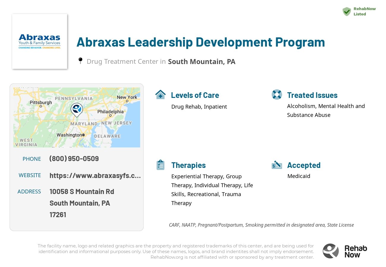 Helpful reference information for Abraxas Leadership Development Program, a drug treatment center in Pennsylvania located at: 10058 S Mountain Rd, South Mountain, PA 17261, including phone numbers, official website, and more. Listed briefly is an overview of Levels of Care, Therapies Offered, Issues Treated, and accepted forms of Payment Methods.