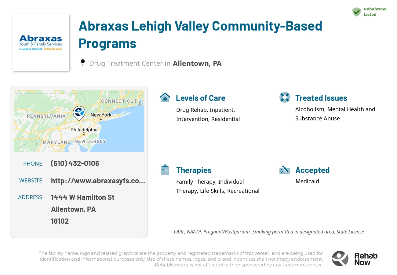 Helpful reference information for Abraxas Lehigh Valley Community-Based Programs, a drug treatment center in Pennsylvania located at: 1444 W Hamilton St, Allentown, PA 18102, including phone numbers, official website, and more. Listed briefly is an overview of Levels of Care, Therapies Offered, Issues Treated, and accepted forms of Payment Methods.
