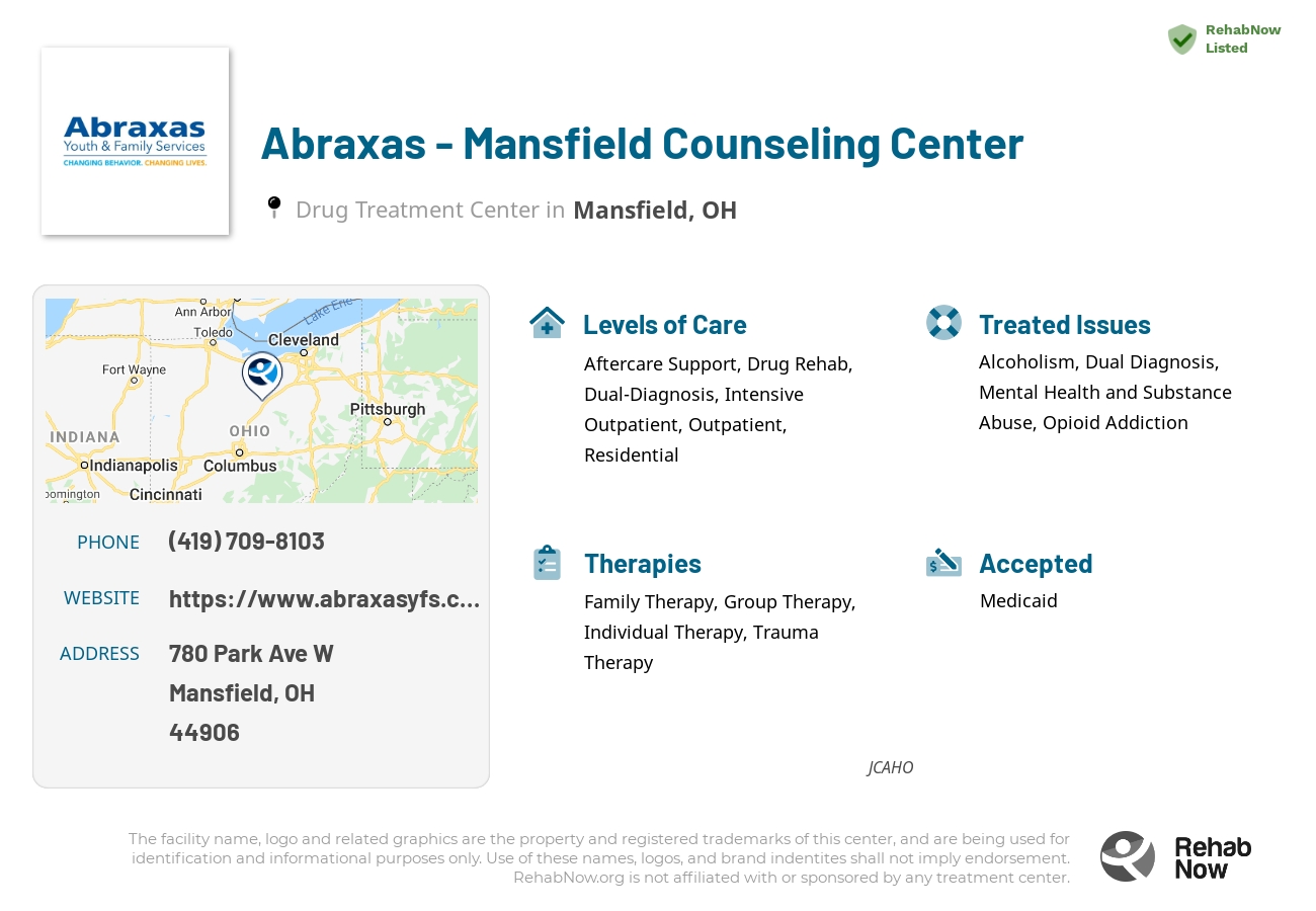 Helpful reference information for Abraxas - Mansfield Counseling Center, a drug treatment center in Ohio located at: 780 Park Ave W, Mansfield, OH 44906, including phone numbers, official website, and more. Listed briefly is an overview of Levels of Care, Therapies Offered, Issues Treated, and accepted forms of Payment Methods.