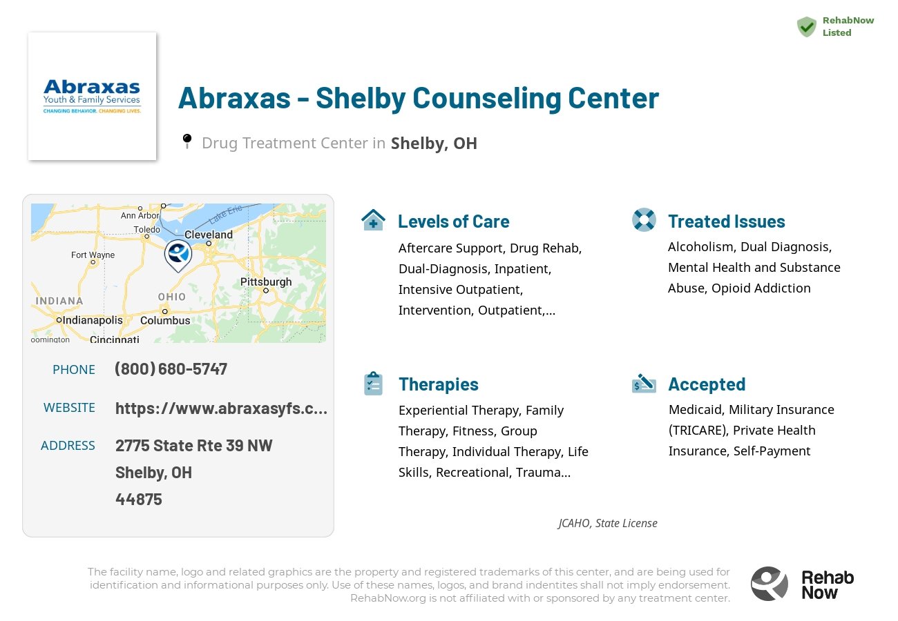 Helpful reference information for Abraxas - Shelby Counseling Center, a drug treatment center in Ohio located at: 2775 State Rte 39 NW, Shelby, OH 44875, including phone numbers, official website, and more. Listed briefly is an overview of Levels of Care, Therapies Offered, Issues Treated, and accepted forms of Payment Methods.