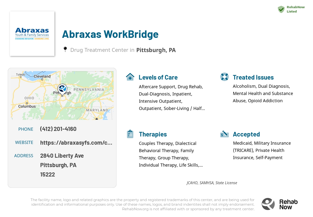 Helpful reference information for Abraxas WorkBridge, a drug treatment center in Pennsylvania located at: 2840 Liberty Ave, Pittsburgh, PA 15222, including phone numbers, official website, and more. Listed briefly is an overview of Levels of Care, Therapies Offered, Issues Treated, and accepted forms of Payment Methods.