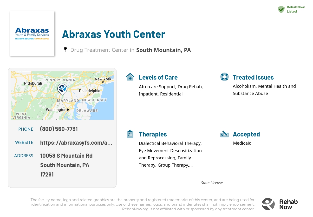 Helpful reference information for Abraxas Youth Center, a drug treatment center in Pennsylvania located at: 10058 S Mountain Rd, South Mountain, PA 17261, including phone numbers, official website, and more. Listed briefly is an overview of Levels of Care, Therapies Offered, Issues Treated, and accepted forms of Payment Methods.
