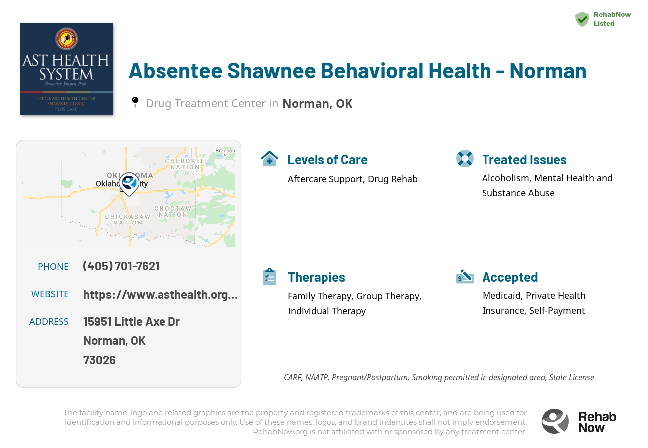 Helpful reference information for Absentee Shawnee Behavioral Health - Norman, a drug treatment center in Oklahoma located at: 15951 Little Axe Dr, Norman, OK 73026, including phone numbers, official website, and more. Listed briefly is an overview of Levels of Care, Therapies Offered, Issues Treated, and accepted forms of Payment Methods.