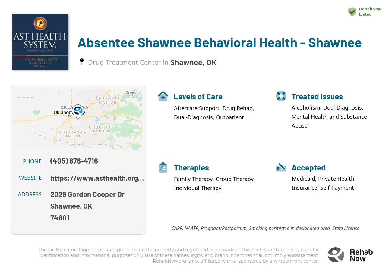 Helpful reference information for Absentee Shawnee Behavioral Health - Shawnee, a drug treatment center in Oklahoma located at: 2029 Gordon Cooper Dr, Shawnee, OK 74801, including phone numbers, official website, and more. Listed briefly is an overview of Levels of Care, Therapies Offered, Issues Treated, and accepted forms of Payment Methods.