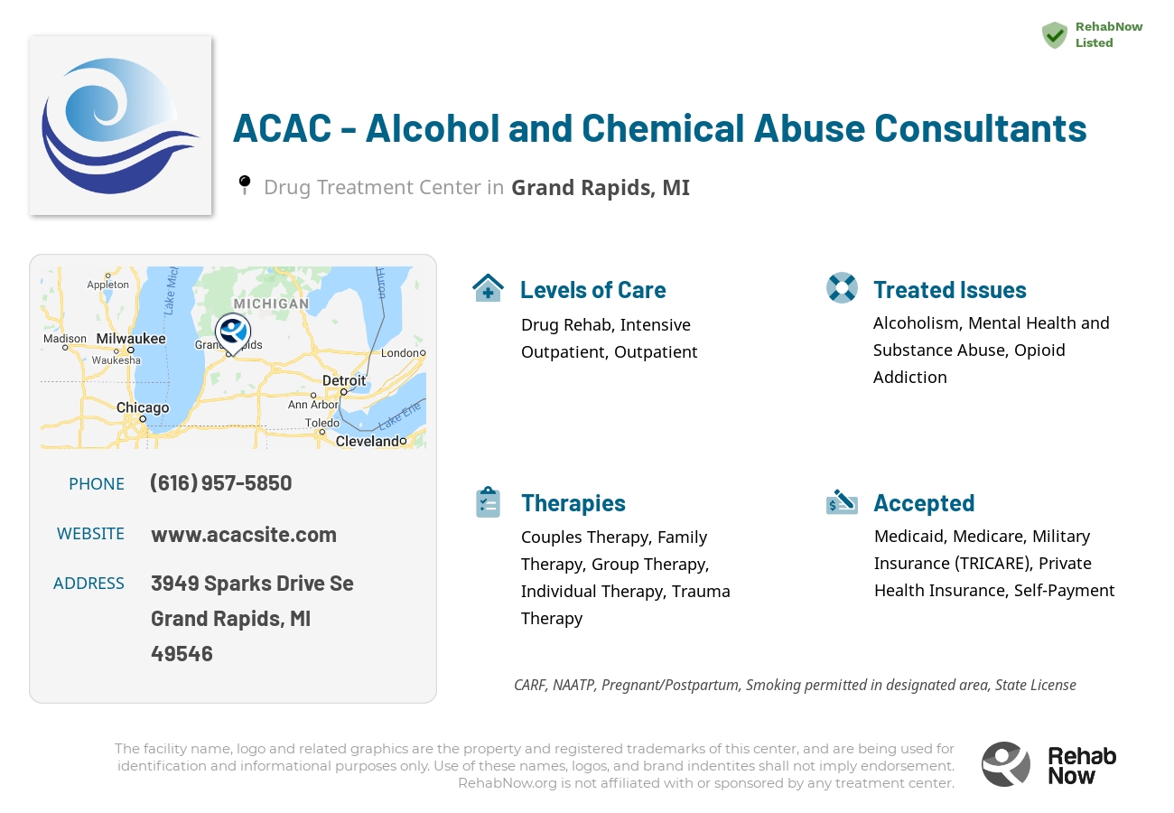 Helpful reference information for ACAC - Alcohol and Chemical Abuse Consultants, a drug treatment center in Michigan located at: 3949 Sparks Drive Se, Grand Rapids, MI, 49546, including phone numbers, official website, and more. Listed briefly is an overview of Levels of Care, Therapies Offered, Issues Treated, and accepted forms of Payment Methods.